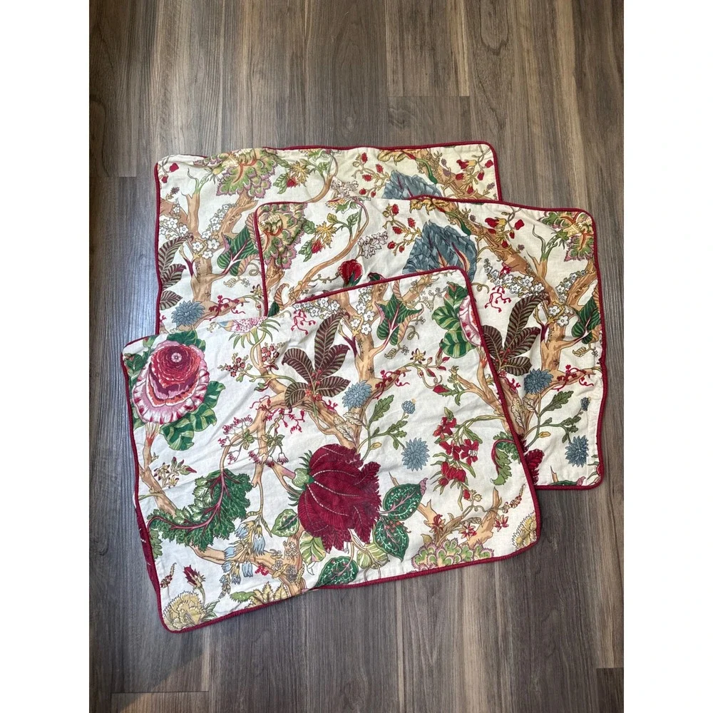 Pottery Barn Floral Pillow Shams Set of 3 Standard Cream Red Linen Blend Chintz